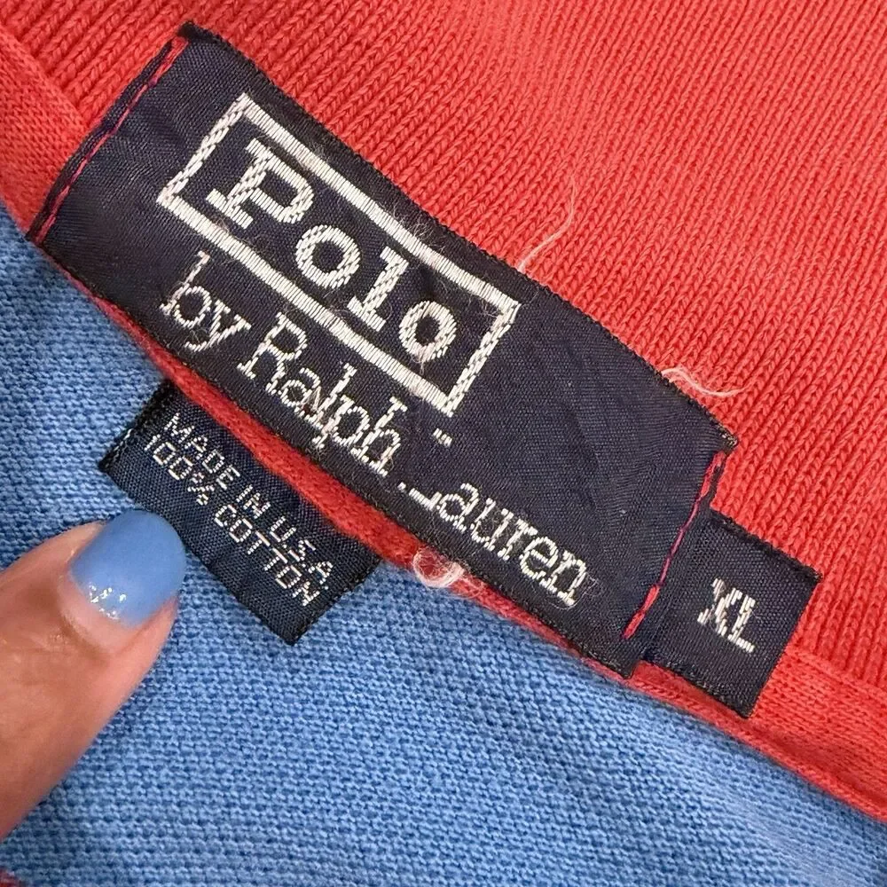 Vintage 90s Polo Ralph Lauren Mens XL Made in USA Red Blue Striped Polo Shirt